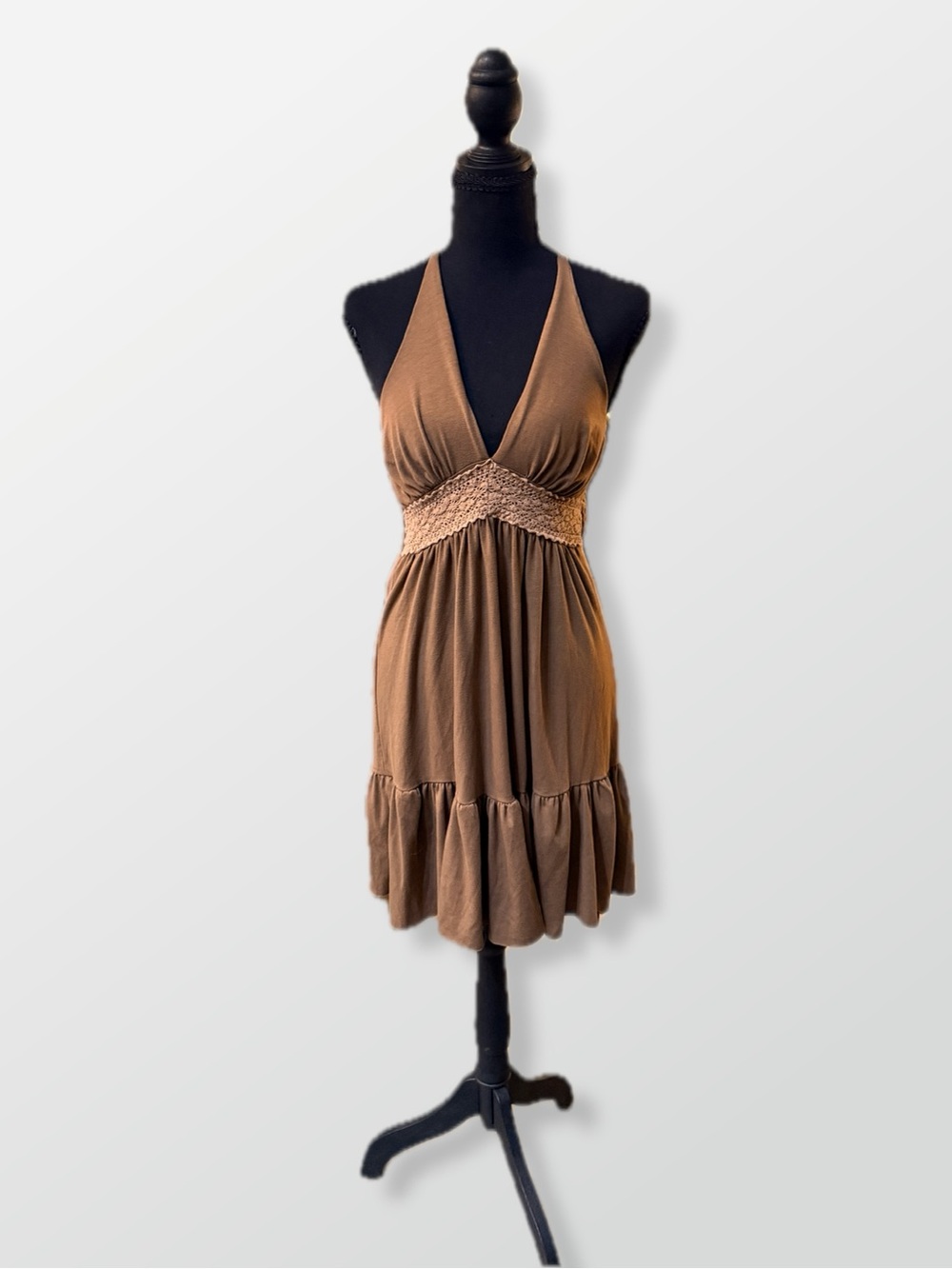 Vintage Y2K Fairycore Whimsigoth Lace Halter Dress - Chocolate Brown-S